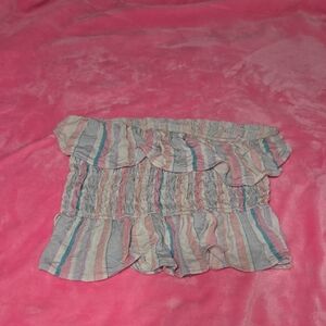 Striped Off-Shoulder Ruffle Crop Top.